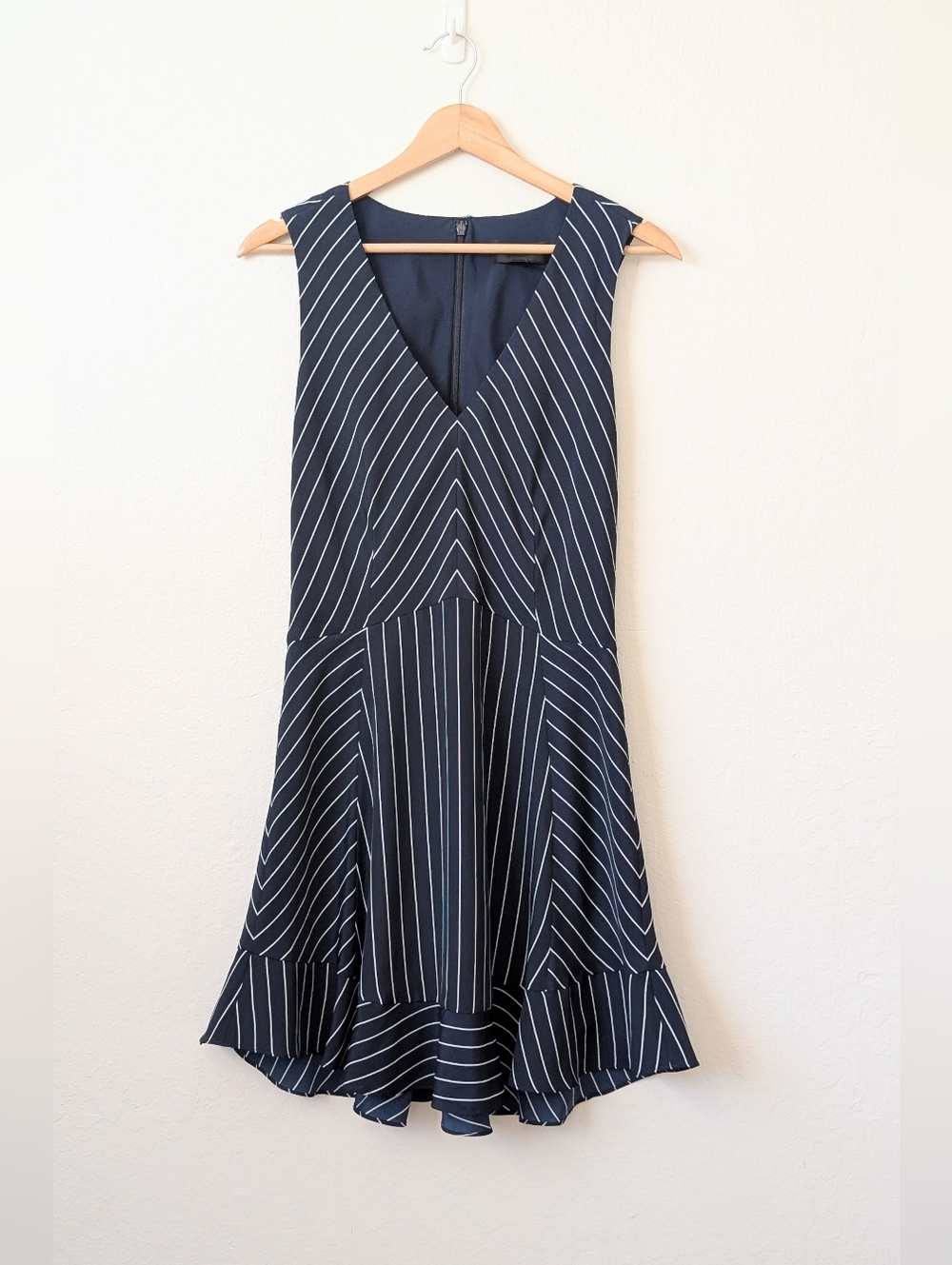 J. Crew Navy & White Sleeveless Pinstripe Mini Dress with Ruffle Hem Size 2